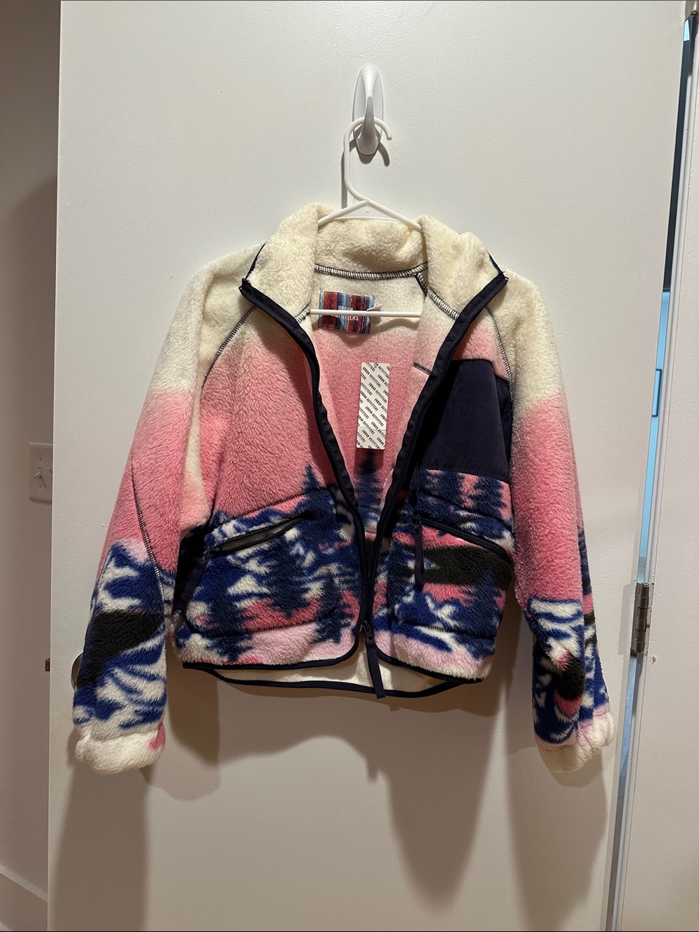 Urban Outfitters Colorblock Print Sherpa Jacket - Pink, Navy, Cream